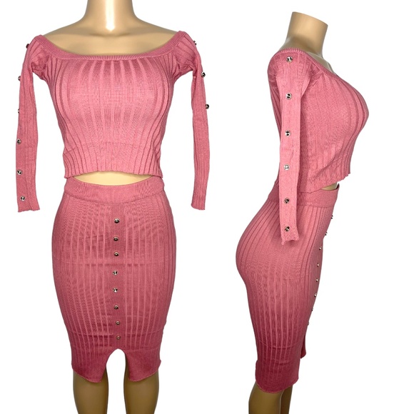 Size S Pink Women Set Midi Pencil Skirt and off shoulder 3/4 Sleeve Crop top - Picture 1 of 4